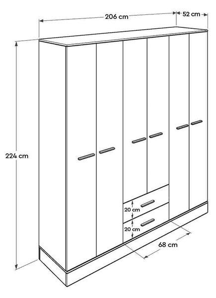 Dulap Haine Adore Base, 6 usi, 2 sertare, Alb, 206x224x52 cm