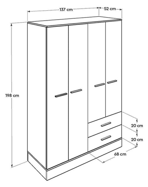 Dulap Haine Adore Base, 4 usi, 2 sertare, Alb, 137x198x52 cm