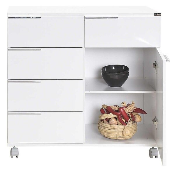 Comoda Adore Diamond, 1 usa, 5 sertare, cu rotile, Alb Lucios, 85x44x81 cm
