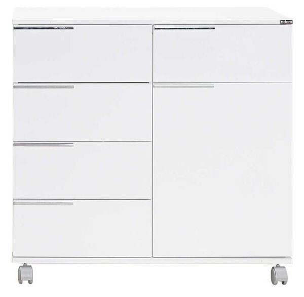 Comoda Adore Diamond, 1 usa, 5 sertare, cu rotile, Alb Lucios, 85x44x81 cm