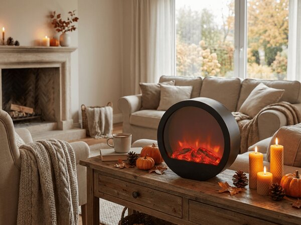 Decoratiune LED semineu rotund COZY WARM 35x34,5 cm, negru