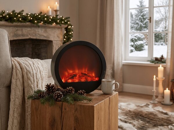Decoratiune LED semineu rotund COZY WARM 35x34,5 cm, negru