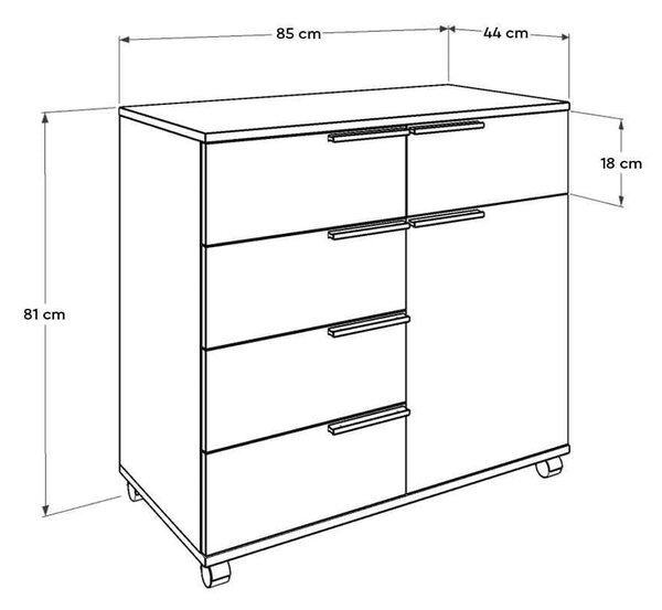 Comoda Adore Diamond, 1 usa, 5 sertare, cu rotile, Alb Lucios, 85x44x81 cm