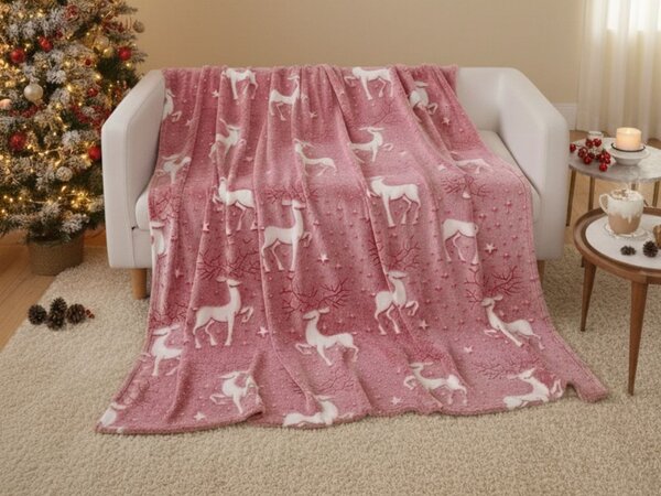 Patura din microplus luminosa STAR DEER, rosie Dimensiune: 150 x 200 cm
