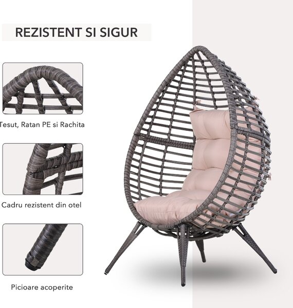 Fotoliu Pouf Outsunny cu Perna Decorativa, din PE Ratan, 101x89x156 Culoare Gri | Aosom Romania