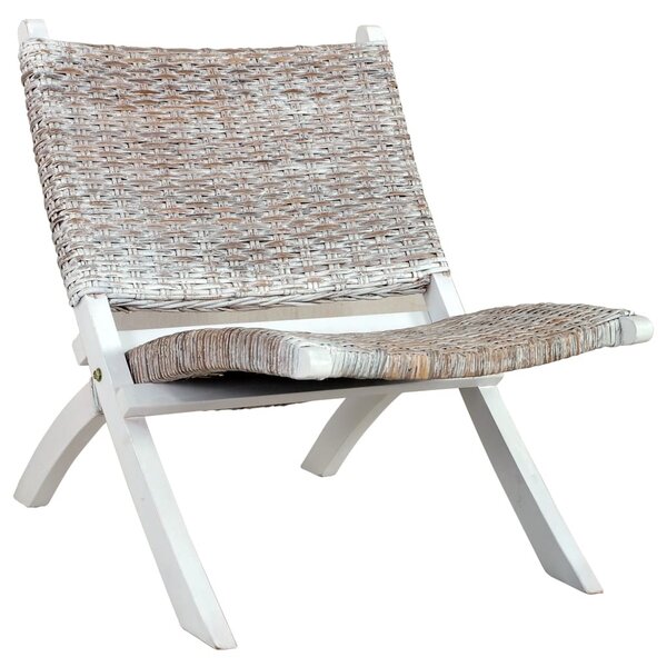Scaun relaxare, alb și natural, ratan kubu și lemn masiv de mahon