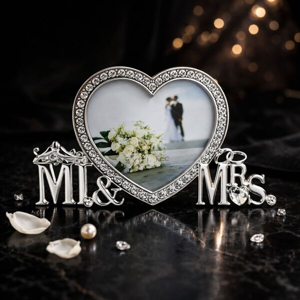 Ramă Foto Nuntă „Mr & Mrs” în Formă de Inimă cu Strasuri, 10x10 cm, AZAY – Cadou pentru Miri, Cuplu, Aniversare, Valentine’s Day, Decor Romantic Argintiu