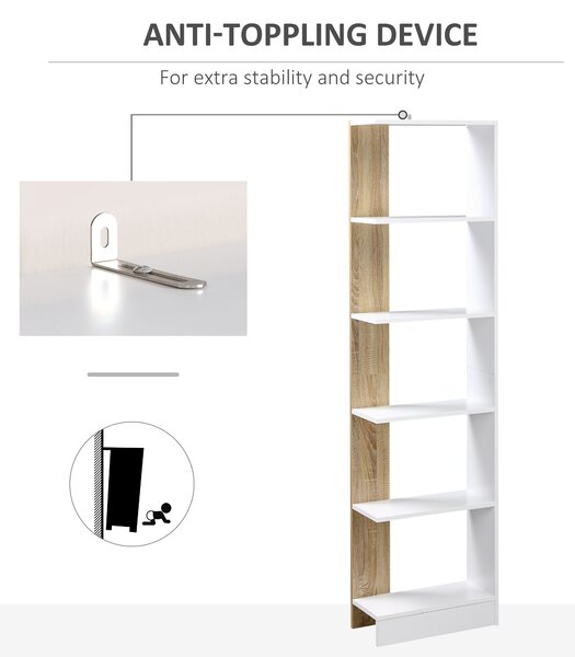 HOMCOM Bibliotecă de Perete cu 5 Rafturi și Dispozitiv Anti-Răsturnare din PAL 45x21x170 cm Alb Stejar | Aosom Romania