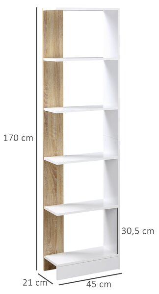 HOMCOM Bibliotecă de Perete cu 5 Rafturi și Dispozitiv Anti-Răsturnare din PAL 45x21x170 cm Alb Stejar | Aosom Romania