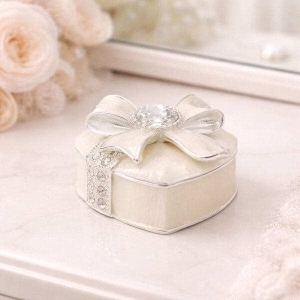 Cutie Bijuterii 5x5 cm în Formă de Cadou cu Fundă Elegantă și Stras AZAY – Casetă Bijuterii Premium, Cutie Inel, Cadou Femei cu Ambalaj