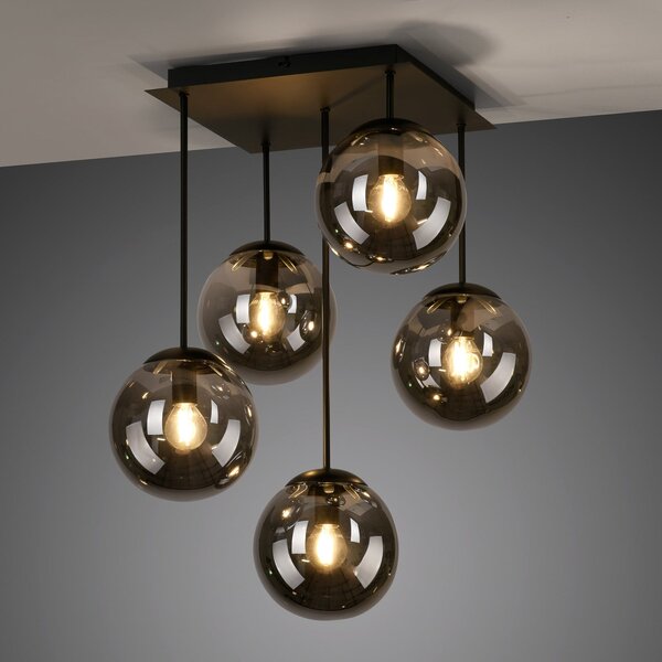 JUST LIGHT. GmbH Plafonieră Big Widow, globuri de sticlă, cinci flăcări, reglabil, Negru, Camera de zi / sufragerie, Metal, Modern, Plafon cu flacără multiplă