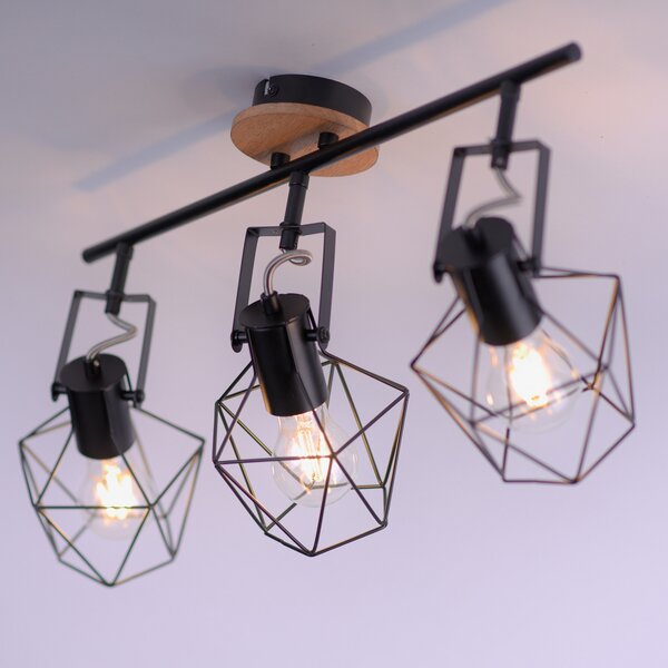 JUST LIGHT. GmbH Plafonieră Jaro reglabilă negru/lemn cu 3 lumini, reglabil, Negru, Camera de zi / sufragerie, Metal, Modern, Plafon cu flacără multiplă