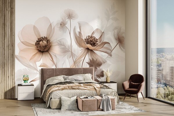 Tapet Flori mari, translucide, în nuanțe de sepia, cu petale delicate, frunze pufoase și flori mai mici, Imagini de fundal unice, w09900 : Uwalls.ro