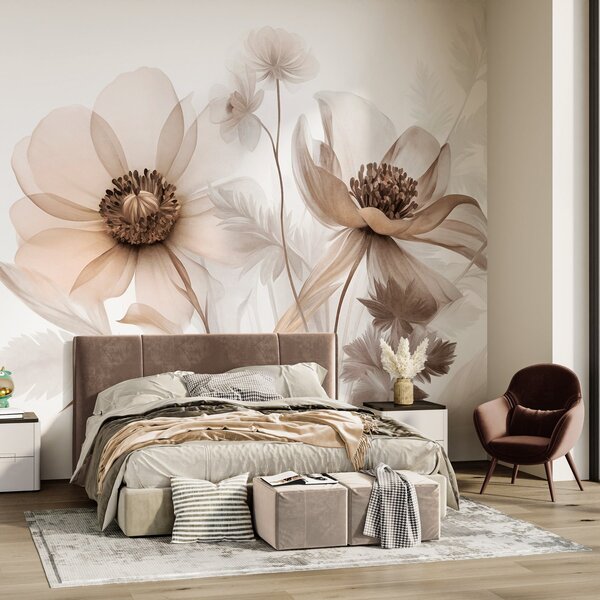 Tapet Flori mari, translucide, în nuanțe de sepia, cu petale delicate, frunze pufoase și flori mai mici, Imagini de fundal unice, w09900 : Uwalls.ro