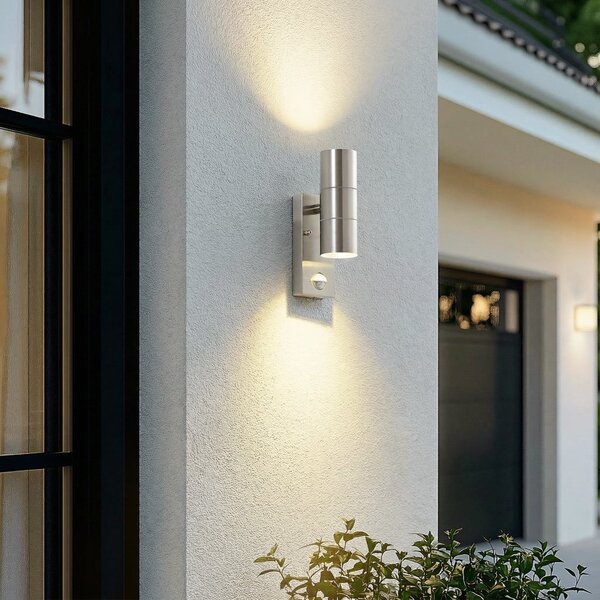 Lindby Aplică pentru exterior Eyrin, înălțime 22 cm, oțel inoxidabil, senzor, reglabil, Metalic, Metal, Modern