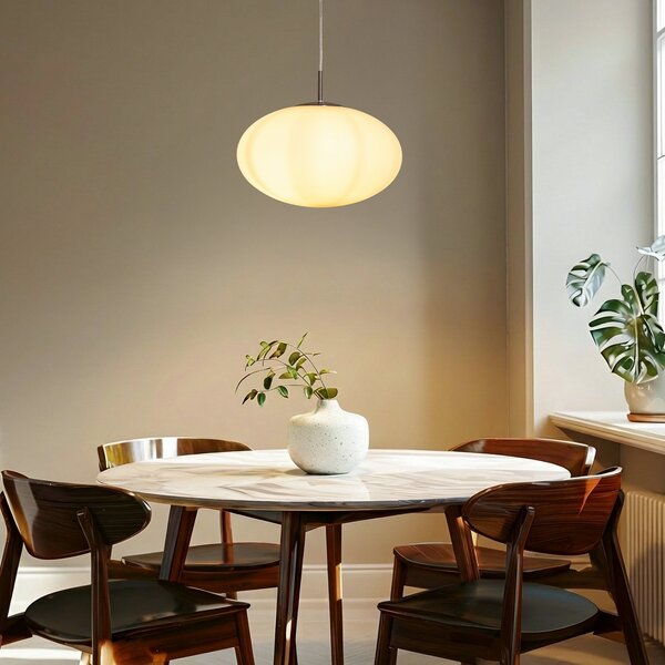 Lindby Lampă suspendată Sonika, Ø 40 cm, culoare nichel, sticlă, E27, reglabil, Alb, Camera de zi / sufragerie, Sticlă