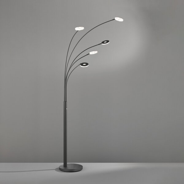 FISCHER & HONSEL Lampadar LED Dent, negru, 225 cm, metal, CCT, 5 becuri, reglabil, Negru, Camera de zi / sufragerie, Metal, Modern, Umbrelă în picioare