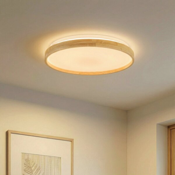 Lindby Smart LED plafonieră Mirren lemn Ø49.5cm CCT Tuya, reglabil, Lemn, Camera de zi / sufragerie, Plastic, Modern