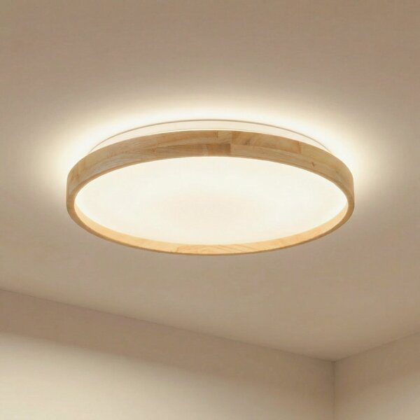 Lindby Smart LED plafonieră Mirren lemn Ø49.5cm CCT Tuya, reglabil, Lemn, Camera de zi / sufragerie, Plastic, Modern