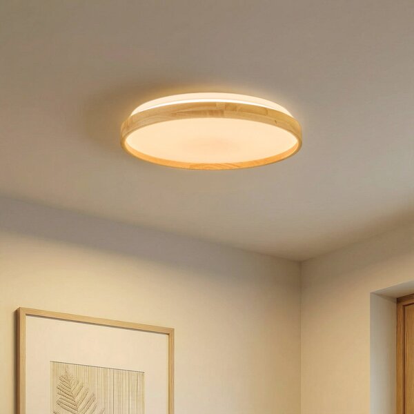 Lindby Smart LED plafonieră Mirren lemn Ø39.5cm CCT Tuya, reglabil, Lemn, Camera de zi / sufragerie, Plastic, Modern