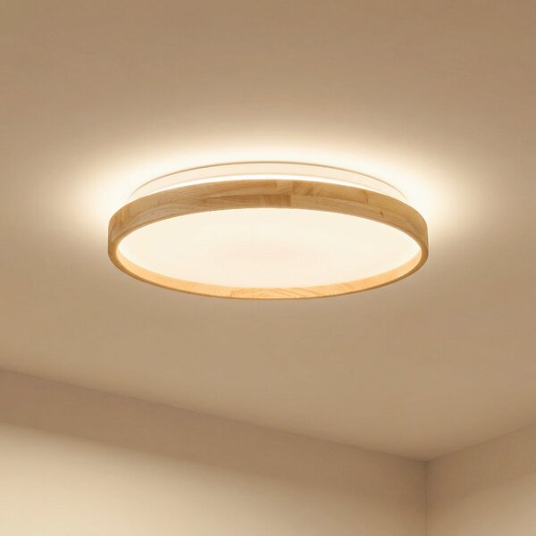 Lindby Smart LED plafonieră Mirren lemn Ø39.5cm CCT Tuya, reglabil, Lemn, Camera de zi / sufragerie, Plastic, Modern