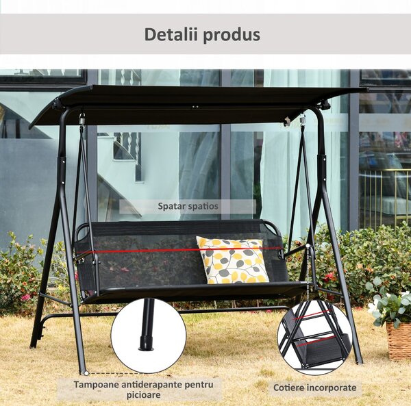 Outsunny Leagăn de Grădină pentru 3 Persoane cu Acoperiș Parasolar Reglabil, Confortabil și Spațios, Negru, 172x110x155 cm | Aosom Romania