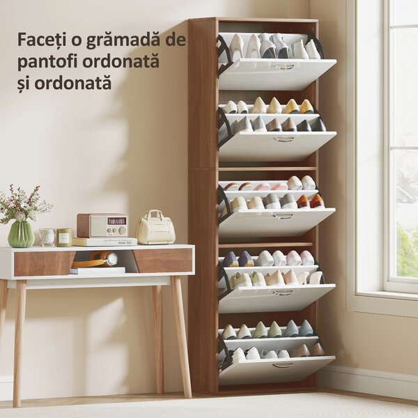 HOMCOM Dulap pentru Pantofi cu 5 Sertare pentru 30 Perechi de Pantofi, 60x28x189 cm, Maro | Aosom Romania