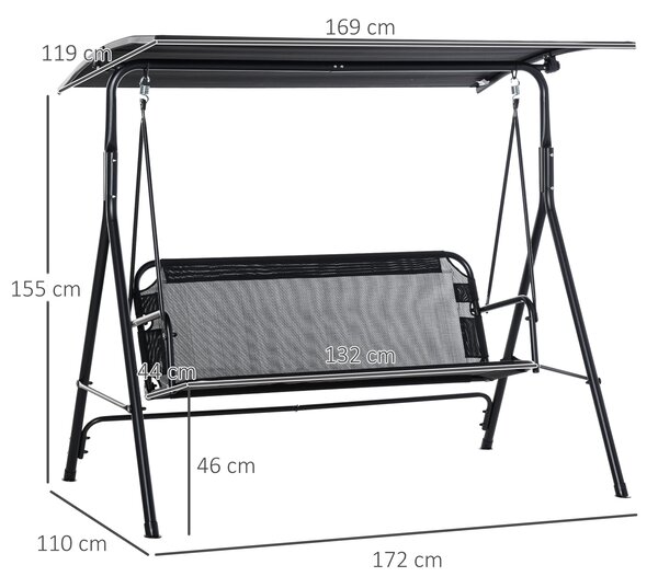 Outsunny Leagăn de Grădină pentru 3 Persoane cu Acoperiș Parasolar Reglabil, Confortabil și Spațios, Negru, 172x110x155 cm | Aosom Romania