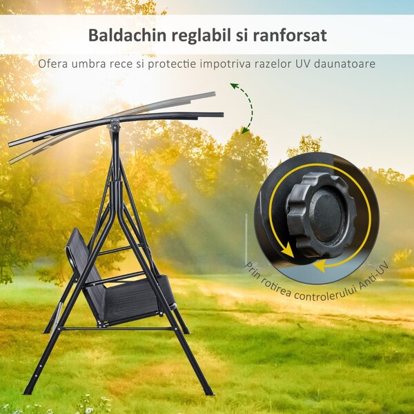 Outsunny Leagăn de Grădină pentru 3 Persoane cu Acoperiș Parasolar Reglabil, Confortabil și Spațios, Negru, 172x110x155 cm | Aosom Romania