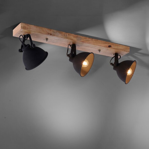 JUST LIGHT. GmbH Plafonieră Samia, 3 lumini, lemn de mango, negru, reglabil, Lemn, Camera de zi / sufragerie, Lemn, Design industrial, Plafon semicircular cu spațiere