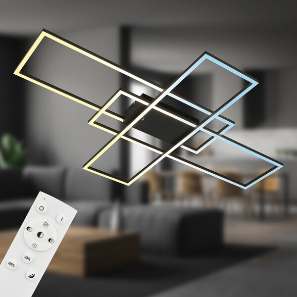 Briloner Plafonieră Roami LED, 104x71cm, negru, CCT, telecomandă, reglabil, Negru, Camera de zi / sufragerie, Metal, Modern