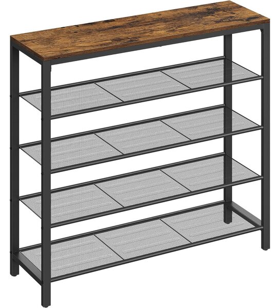 Raft depozitare pantofi cu4 rafturi din plasă metalică, maro rustic 100x30x92cm