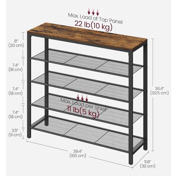 Raft depozitare pantofi cu4 rafturi din plasă metalică, maro rustic 100x30x92cm