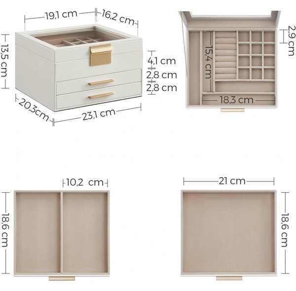 Cutie de bijuterii cu capac din sticla, 2 sertare, alb 23x20x13cm