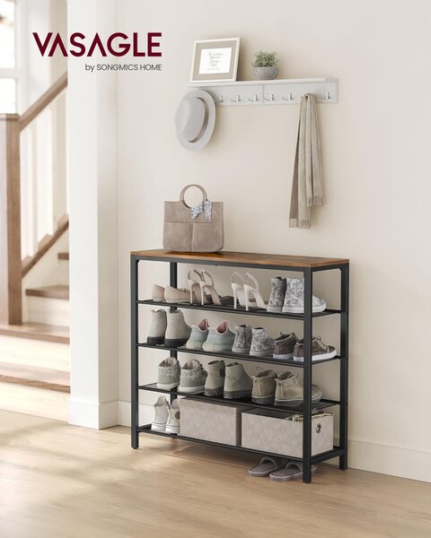 Raft depozitare pantofi cu4 rafturi din plasă metalică, maro rustic 100x30x92cm