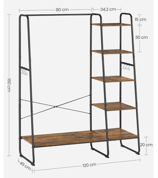 Suport pentru haine, cuier, cu raft pe 5 niveluri, 6 umerase, 45 x 120 x 160 cm, maro rustic