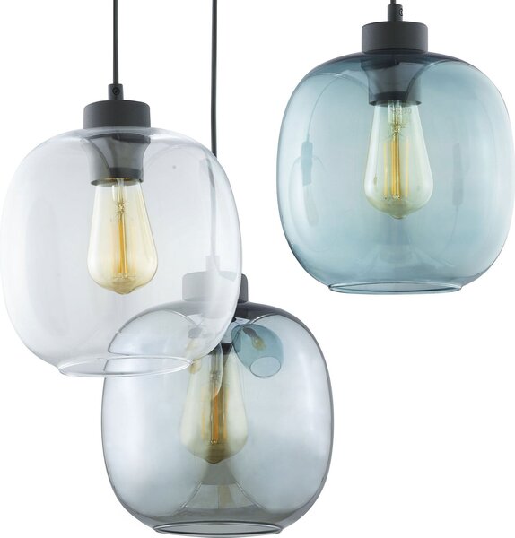 TK Lighting Lampă suspendată Elio, sticlă, albastru/clară/gri, Ø 52 cm, 3 lumini, reglabil, Transparent, Camera de zi / sufragerie, Sticlă, Modern