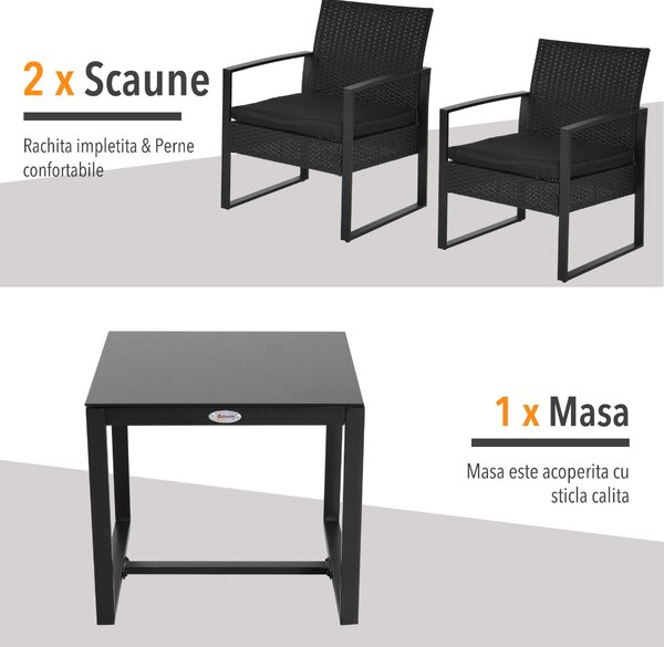 Set Mobilier in Rattan Outsunny de Extern Masa cu 2 Scaune si Perne , Negru | Aosom Romania