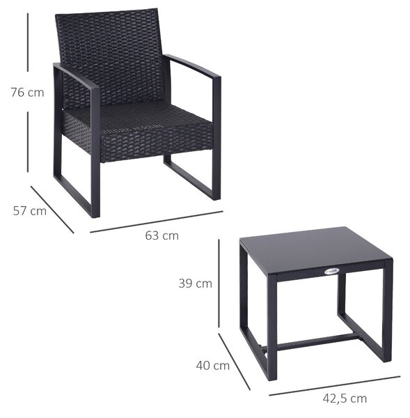 Set Mobilier in Rattan Outsunny de Extern Masa cu 2 Scaune si Perne , Negru | Aosom Romania