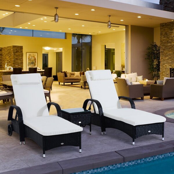 Outsunny Set Mobilier de Grădină din Ratan Negru cu Măsuță și 2 Șezlonguri Exterior cu Saltele Captușite Confortabile 200x73x103cm | Aosom Romania