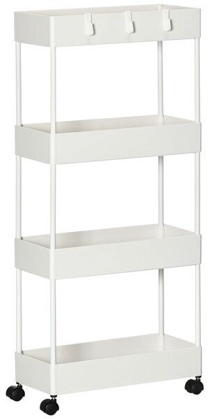 HOMCOM Cărucior Bucătărie Multifuncțional cu 4 Polițe și 3 Cârlige, Oțel și Plastic, 40x19x90 cm, Alb | Aosom Romania