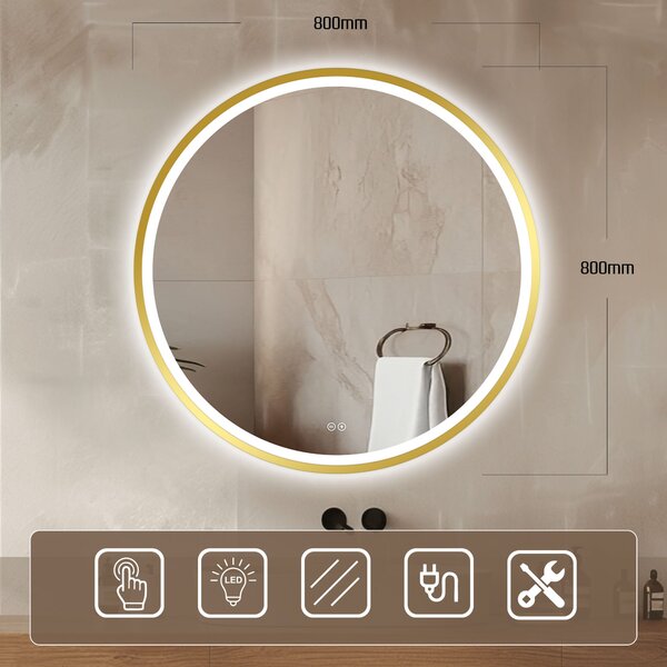 Venti Orion Gold oglindă 80x80 cm rotund cu iluminare cu covoraș de încălzire auriu 5905951180311