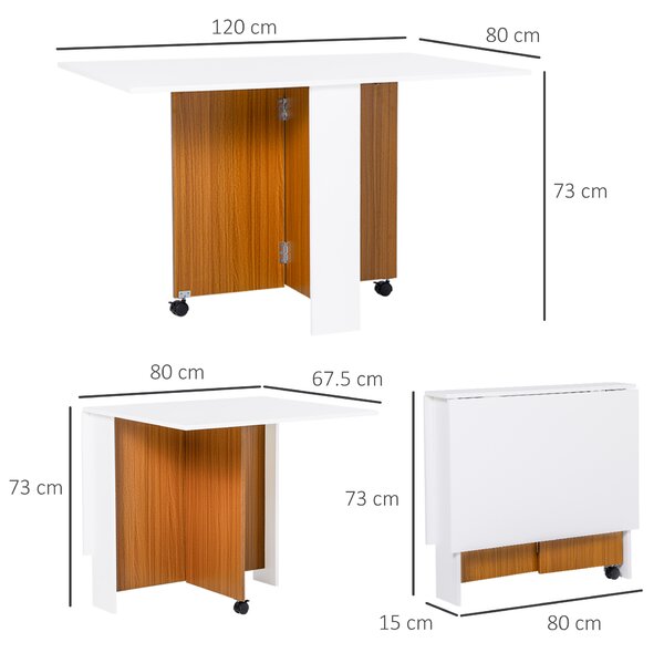HOMCOM Masă de Prânz Pliabilă cu Roți, Mobilier Bucătărie Spațiu-Eficient, Alb, 120x80x73 cm | Aosom Romania