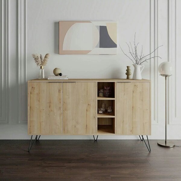 Comoda Clara-Oak, stejar/negru, PAL melaminat/metal, 142x36x83 cm