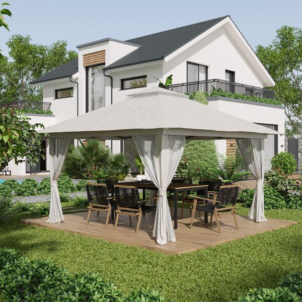 Outsunny Pavilion Pliabil Pop-Up 4x4 m cu Înălțime Reglabilă pe 3 Niveluri, Pavilion Exterior cu Plasă de Țânțari, Saci de Nisip, Geantă de Transport, UV50+, pentru Grădină Camping Petreceri, Crem | Aosom Romania