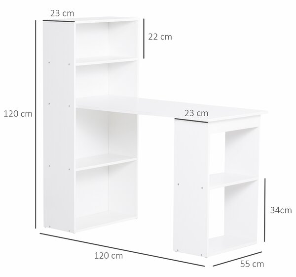 Birou alb modern cu biblioteca cu 6 rafturi din PAL,120x55x120cm HOMCOM | Aosom Romania