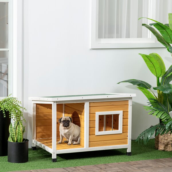 PawHut Cușcă pentru Câini de Exterior din Lemn cu Verandă Acoperită și Acoperiș Înclinat, 85.5x62x60 cm, Multicolor | Aosom Romania