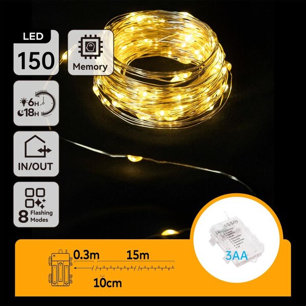 Aigostar -LED Ghirlandă pentru exterior 150xLED/8 funcții 3xAA 15,3m IP44 alb cald
