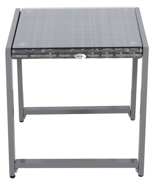 Outsunny Masă de Cafea pentru Terasă și Grădină cu Cadru din Aluminiu și Ratan PE, Suprafață Acoperită cu Sticlă, 50x50x50cm, Gri | Aosom Romania