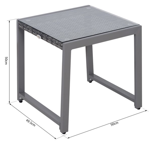 Outsunny Masă de Cafea pentru Terasă și Grădină cu Cadru din Aluminiu și Ratan PE, Suprafață Acoperită cu Sticlă, 50x50x50cm, Gri | Aosom Romania